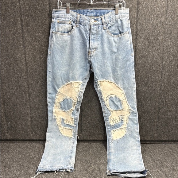 Mnml Light Blue Distressed Jeans with Skull Design - Picture 1 of 5